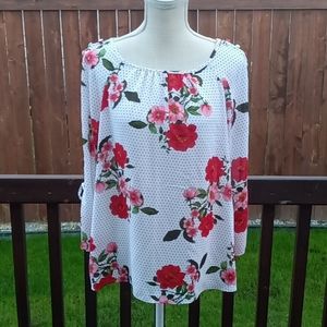 Zac & Rachel White Floral Blouse Button Sleeves Large